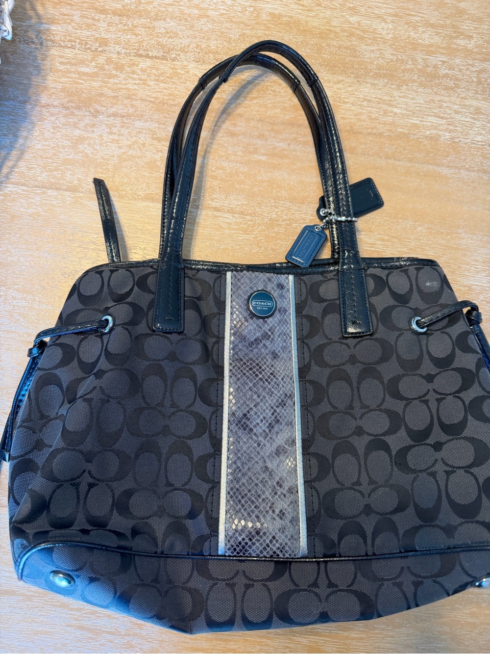 Coach F24882 Black Signature Python Print Stripe Tote Bag Large Shoulder